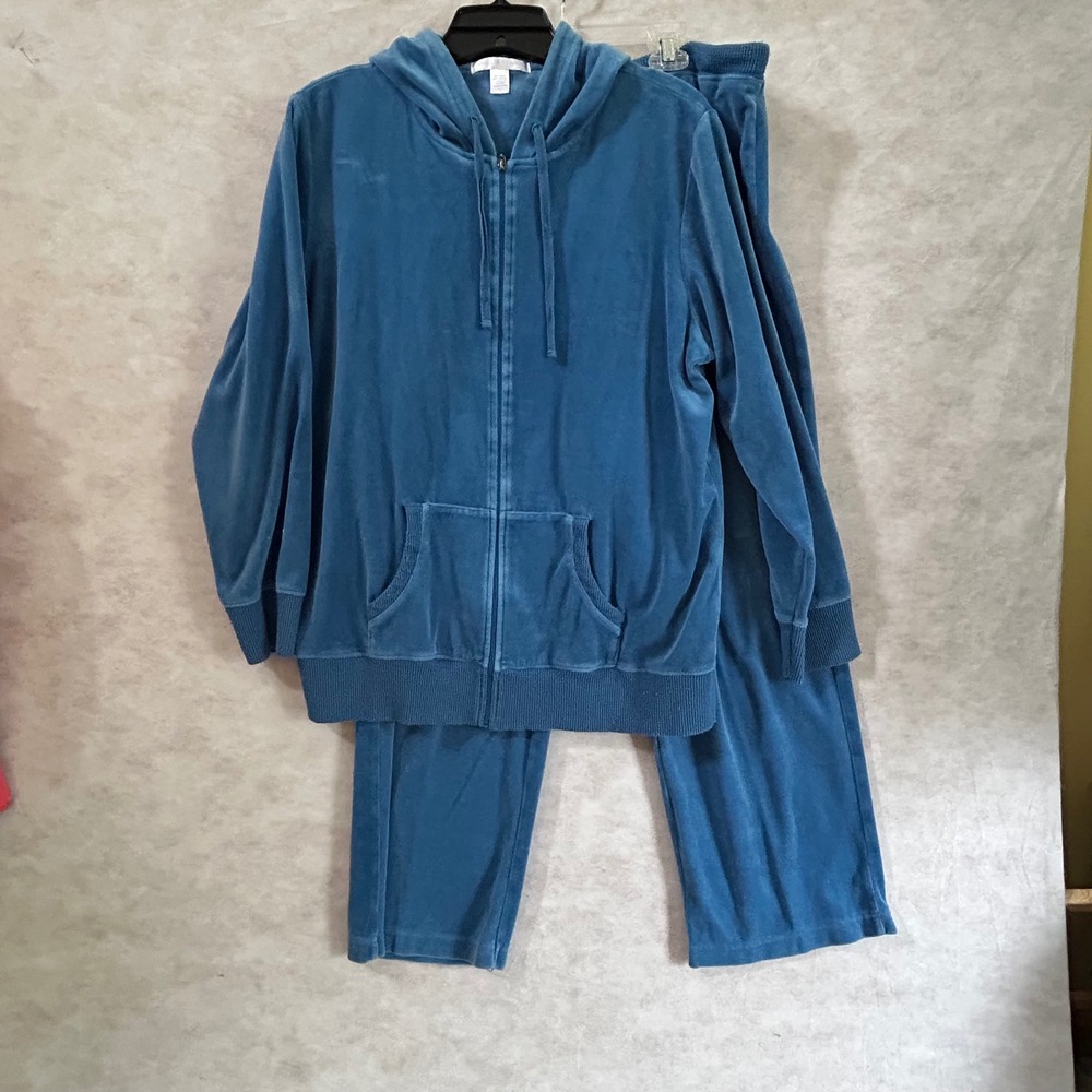 Carole Hochman Blue Velour Tracksuit Set Zip Hoodie L Pants M Loungewear